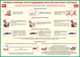 Таблица "Порядок действий при ранениях и термических ожогах" (100х140 сантиметров, винил) - fgospostavki.ru - Донецк
